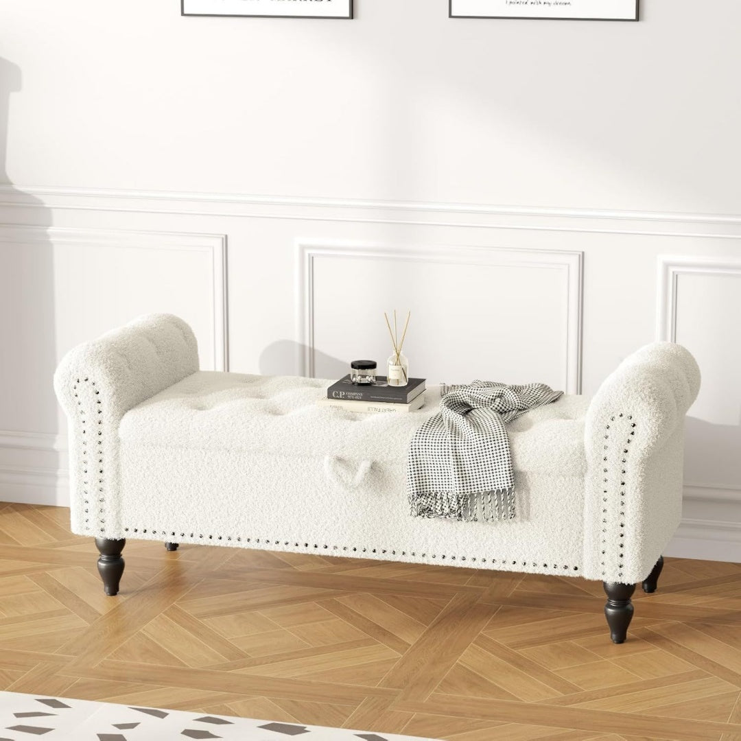 Pouf da soggiorno con vano contenitore con poggiapiedi bianco